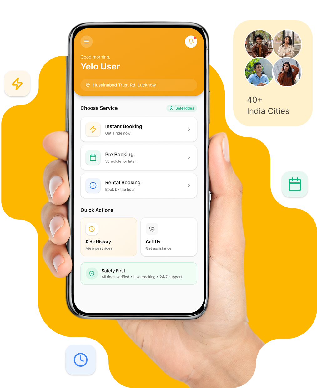 YeloCab mobile app showing ride booking